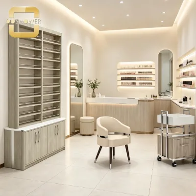 Salon Display Shelf with Multi Layer Adjustable Shelves and Bottom Lockable Storage Cabinets for Beauty Retail Store