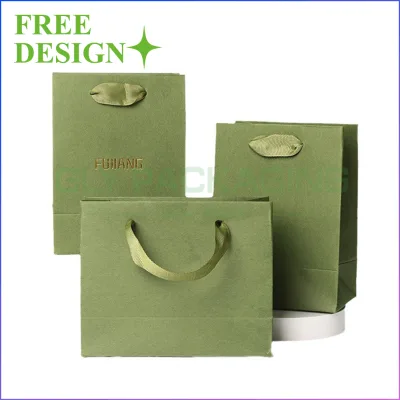 Eco Friendly Reusable Vintage Green Paper Jewelry Bags with Ribbon Handles for Luxury Bracelet Necklace Gift Packaging