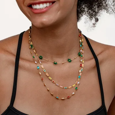 Vintage Bohemian Natural Stone Necklace Set for Women Colorful Stainless Steel Link Chain with Gold Plating Waterproof Jewelry