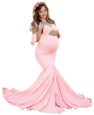 Women's Maternity One-Piece Dress 100% Polyester Plaid Floor-Length Underwire Support Knitted Fabric Ruffled Sleeves Cross