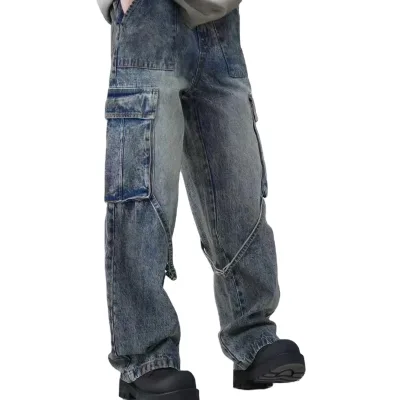 Pocket Denim Straight Leg Pants
