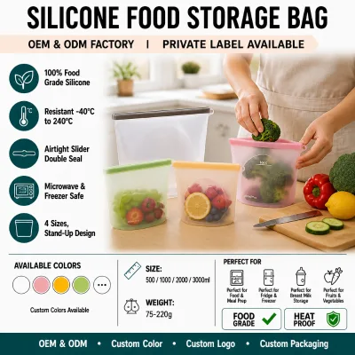 Custom Logo Reusable Silicone Food Bags Leak Proof Dishwasher Safe Meal Prep Breast Milk Fruits Vegetables 4 Pack OEM ODM