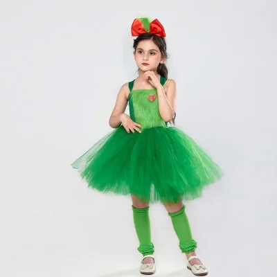 2024 Hot Selling Girls' Green Tutu Dress Kids Festival Tulle Clothes Headband Children's Party Birthday Halloween Christmas