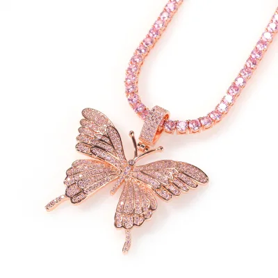 Hotsale Cute Pink Butterfly Pendant Necklace with Pink Tennis Chain