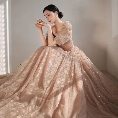  Pink Glitter a Line Evening Dresses 2021 Puff Sleeves Lace up Princess Gowns for Girls Party