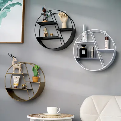 Nordic 3-Tier Round Wall Shelf Multi-Purpose Installation-Free Metal Wrought-Iron Living Room Bedroom Dining Room Bathroom Decor