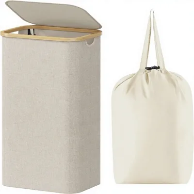 Beige Eco-Friendly Foldable Laundry Basket Bamboo Lid Removable Bag 100L Tall Hamper for Kitchen & Bathroom
