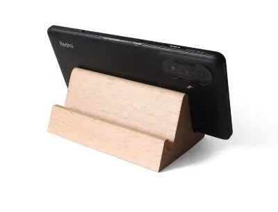 Custom Sustainable Beech Wood Engraved Irregular Shape Modern Design Mobile Phone Holder for Office and Home Desktop Use