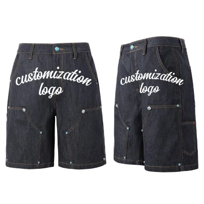 American Retro Original Blue Denim Work Shorts Loose Straight-cut Hip Hop Summer Shorts for Men and Women Trendy Style