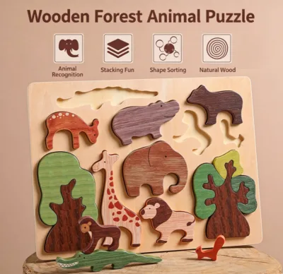 Children's Toy Animal Puzzle Board Early Education Intellectual Building Blocks Matching Cognitive Wooden Puzzle Board Stacking