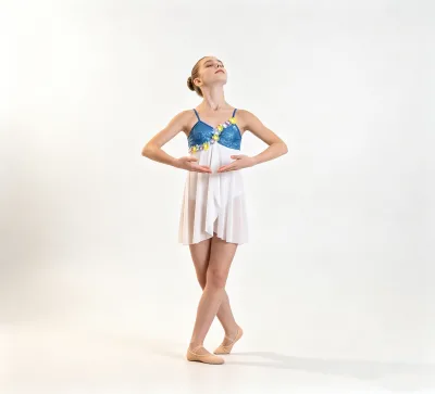 Girls Children Blue Sequin Spaghetti Strap Ballet Dress Multicolor Floral Applique White Chiffon Skirt Lyrical Stage Performance