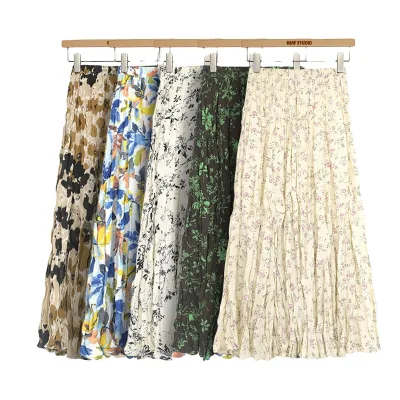 High-waisted Wholesale Women's Summer Casual Pleated Polyester Fabric Womens Bright Pleated Floral Pleated Skirt