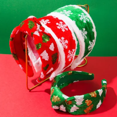 New Sequined Red Green White Snowflake Christmas Tree Wide Edge Knot Headband Christmas Holiday Hair Accessory