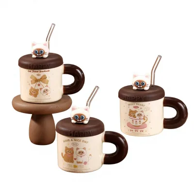 Cute Cat Ceramic Mug with Lid and Spoon Creative Cartoon Design Milk Use Birthday Gift Wholesale
