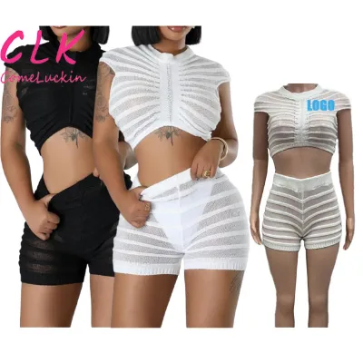 Summer 2 Piece Sets Women Clothing See Through Letter Print Short Sleeve Crop Top Shorts Set Mesh Two Piece Short Set for Women
