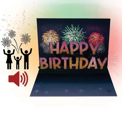 Hot Selling Paper Handicrafts 3D Happy Birthday Fire Flower Rectangle Folded Greeting Card for Friends