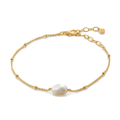 925 Silver Trendy Bracelets Gold Vermeil Beaded Chain Baroque Pearl Bracelet