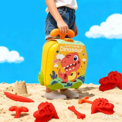 Portable Dinosaur Egg Trolley Case 10 Piece Sand Play Set Includes Shovel Rake and Molds for Toddlers Outdoor