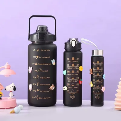 3 in 1 Gradient Color Workout 3 Pcs Plastic Motivational Water Bottle with Time Marker