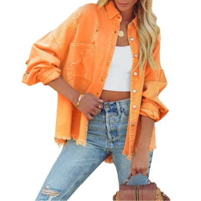 Flip Collar Long Sleeved Retro Street Ripped Denim Jacket Women's Clothing