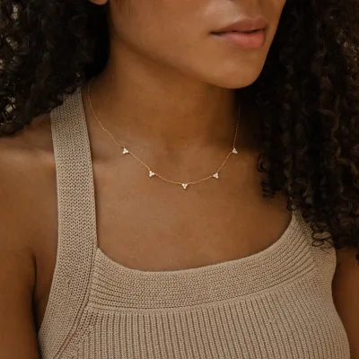 Dainty Diamond Lily Station Necklace Flower Triangle Charm Layering Necklace Crystal Beaded Anniversary Gift Diamant Necklace