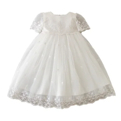 Lace Baby Girls Dress with Bonnet White Birthday Short Sleeve New Design Baby Girl High Quality Prom Gown Formal Wedding