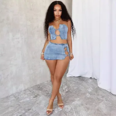 Summer Hot Sale Women New Denim Set Sexy Strapless Hollow Out Crop Top Mini Jean Skirt Women 2 Pieces Set