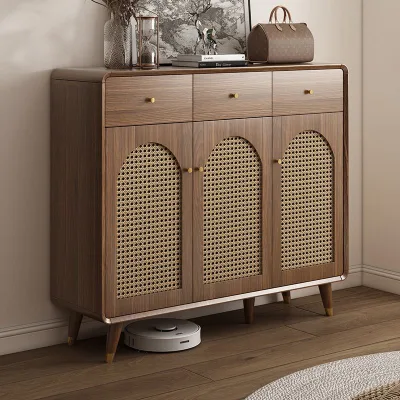 Vintage Wooden Rattan Shoe Cabinet, Entryway Storage Cabinet with Drawers, Home Furnishings