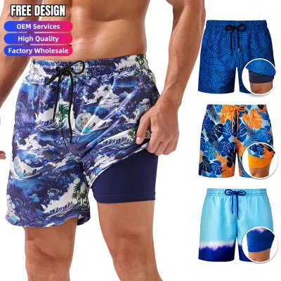 Free Design Sublimation Printing Stretchy Polyester Beach Shorts with Compression Lining Custom Mens Swimming Trunks