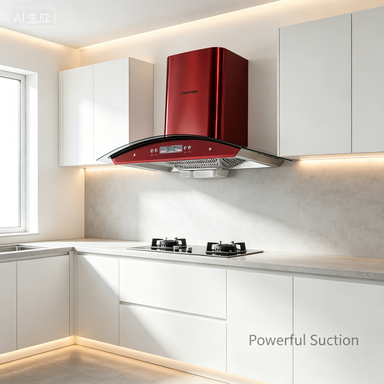 Red Curved Glass Wall-Mounted Vented Range Hood Powerful Suction Washable Oil Filter Modern Kitchen Ventilation Home Cooking