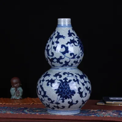 Jingdezhen Ceramic Crafts Glazed Blue White Gourd Vase Fashionable Home Decorative Bottle Official Kiln Open Pieces Transparent