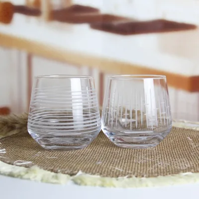 Hand Blown Etched Stemless Red Wine Glasses with Line Strips Pattern Elegant Tumblers for Weddings