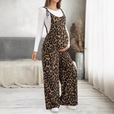Factory Wholesale/OEM Maternity One-piece Suit Spring-Summer Leopard Print Breathable Overalls Adjustable Shoulder Straps