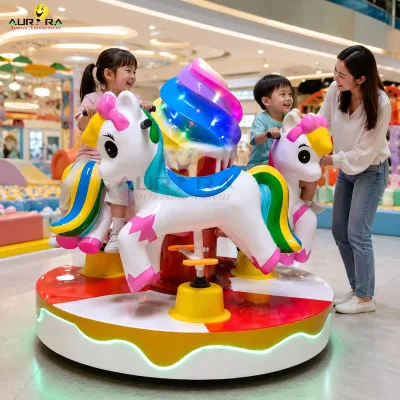 Unicorn Theme Mini Carousel Amusement Ride FRP Two Rider Model for Indoor Shopping Mall Venues