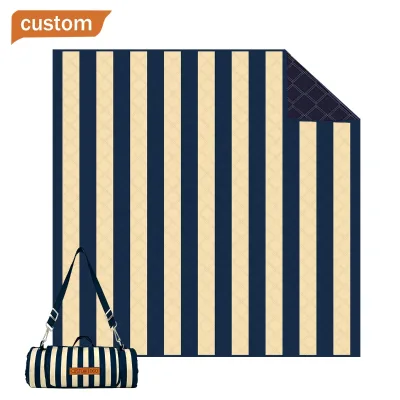 Detour Navy Milky Stripes Waterproof Foldable Picnic Mat with Handle & Shoulder Strap Zip Pocket 200x200cm Custom Logo