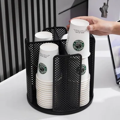 Rotatable Coffee Cup Dispenser with 4 Compartments Cup and Lid Holder for 5 to 16oz Cups Organizer