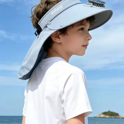Kids Solar Fan Sun Visor Hat with Neck Flap UPF50+ UV Protection Wide Brim Cooling Hat for Outdoor Activities