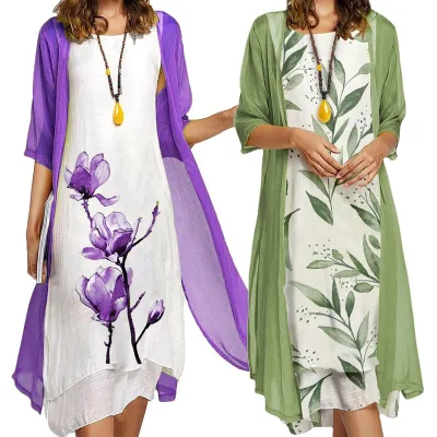 Elegant Mother of the Bride Dresses Floral Print Chiffon Mermaid Costume Long Cardigan Sheer Two Piece Sets Wedding Guest Dress