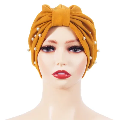 Luxury Ladies Turban Hat Beaded Pearls Muslim Wrap Hair Cap Hijab Head Scarf Bandanna