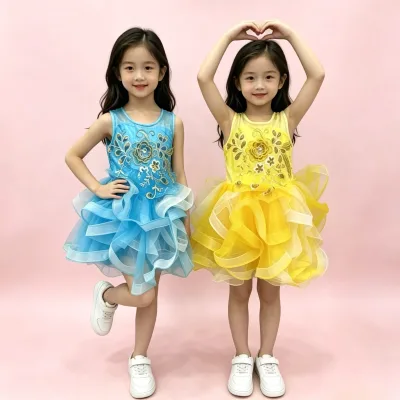 2.65 Dollars YCT129 Wholesale Kids Mesh Tutu Dress Sleeveless Gold Flower Embroidery Blue Yellow Layered Ruffle Skirt Costume