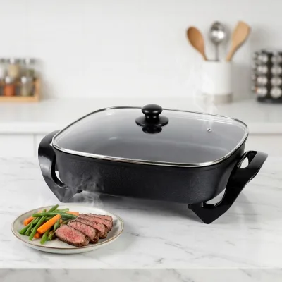 110V/120V Mechanical Adjustable Temp Tempered Glass 9L Capacity Multifunctional Electric Frying Pan Skillet for Family Cooking