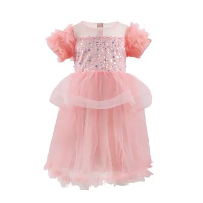 OEM Customizable Kids Ballet Tulle Breathable O-Neck A-Line Short Sleeve Girl Dress for 2-14T