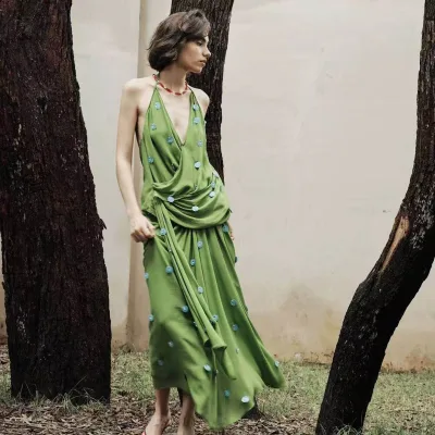 Women's Breathable Vintage Green Flowy A-Line Midi Skirt Draped Asymmetric Design Nonwoven Boho Summer Beach Natural Waist