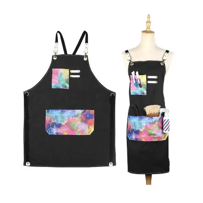 Watercolor Printing Black Salon Canvas Apron with Pocket Wear Resistant & Dirt Resistant for Barber Beauty Camisole Cape
