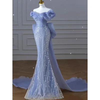 Elegant Mermaid Short Sleeve Floor Length With Bowtie Dress Fishtail