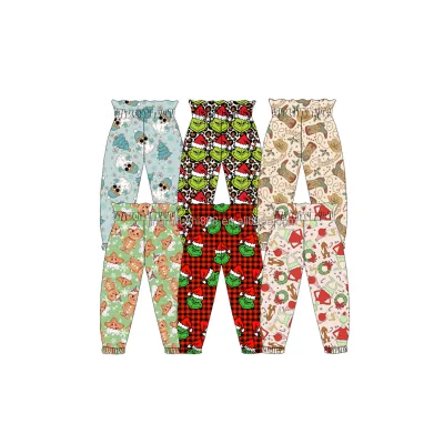 Wholesale Fall Baby Kids Joggers Christmas Prints Ruffled High Waist Bottom Pants Joggers Kids Boys Loose Pants Leggings