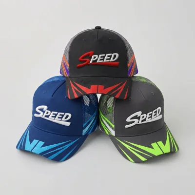 High Quality Factory Custom Logo Mesh Breathable Waterproof Flame Line Suede Trucker Baseball Cap 3D Embroidery Hat Suede