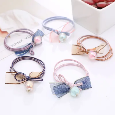 Fashionable New Fine Mesh Bow Pendant Hair Ties with High Elasticity Featuring Pearl Ball and Stylish Design