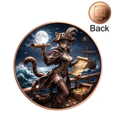 Wholesale Red Copper Coin Custom 1oz .999 Pure Anthropomorphic Cat Female Pirate Treasure Challenge Coin for Collection