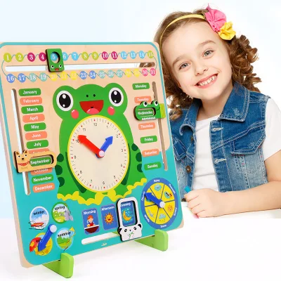2023 New Arrival Educational Toys for Kids Green Wooden Frog Calendar Alarm Clock Early Education Furniture Toy